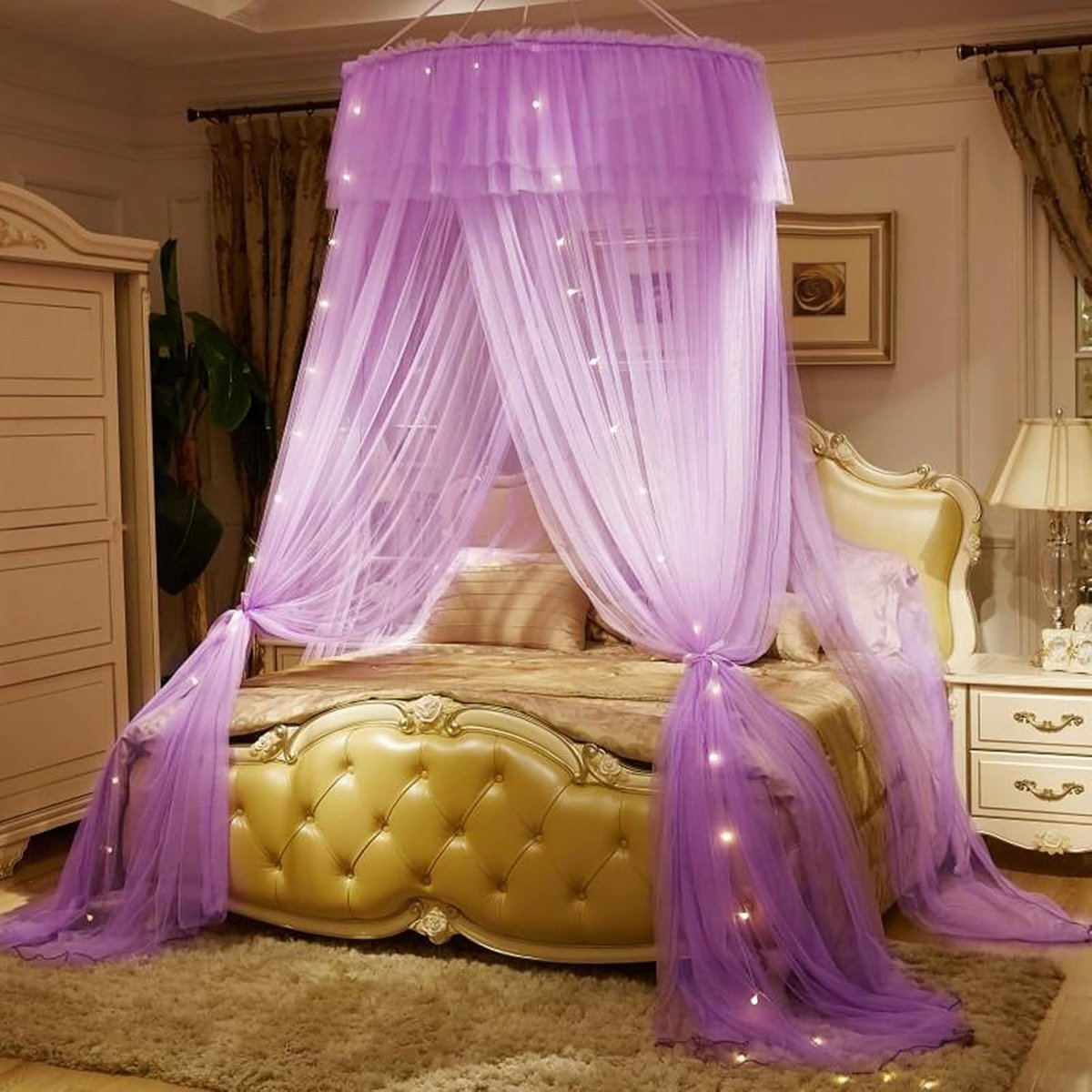 Klamboe luifel - Hemelbed net - Slaapkamer decoratie - Met lichtslinger - 10m onderkant - Paars