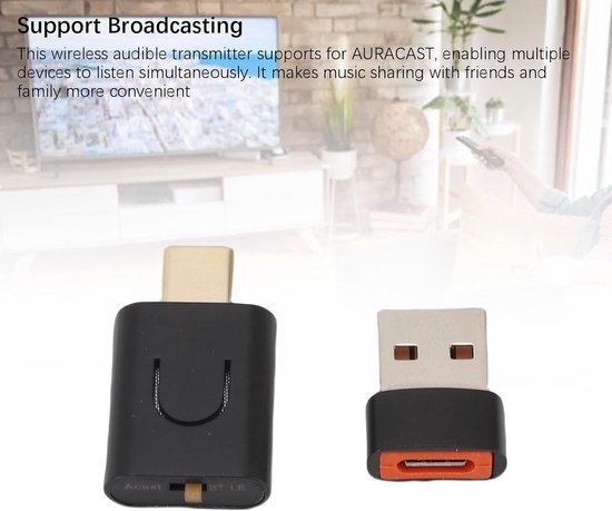 SnelShoppen - LE Audio Auracast Transmitter, Bluetooth 5.4 Adapter, Type C naar Draadloze Audio Transmitter voor TV, PC, Auto, Thuis, Multi Streaming — afbeelding 5
