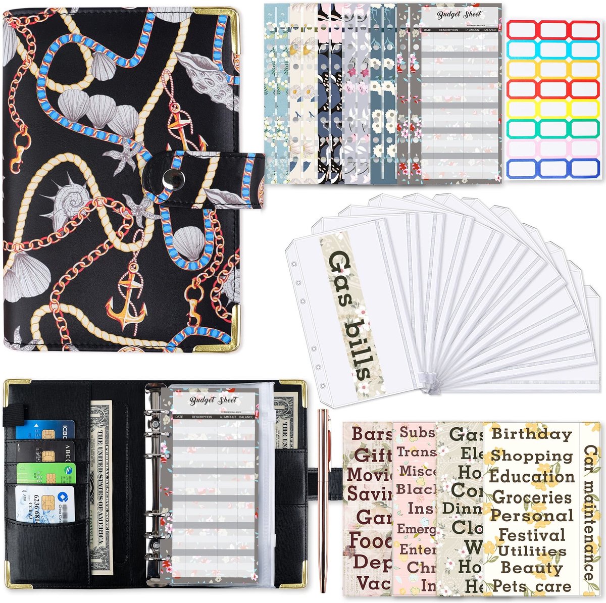 Dailygoods- Budgetbinder A6 - 28 Stuks - Budgetkaarten - Geldmapjes - Etiketten - Ritssluiting - PU-leer - Budgetplanner