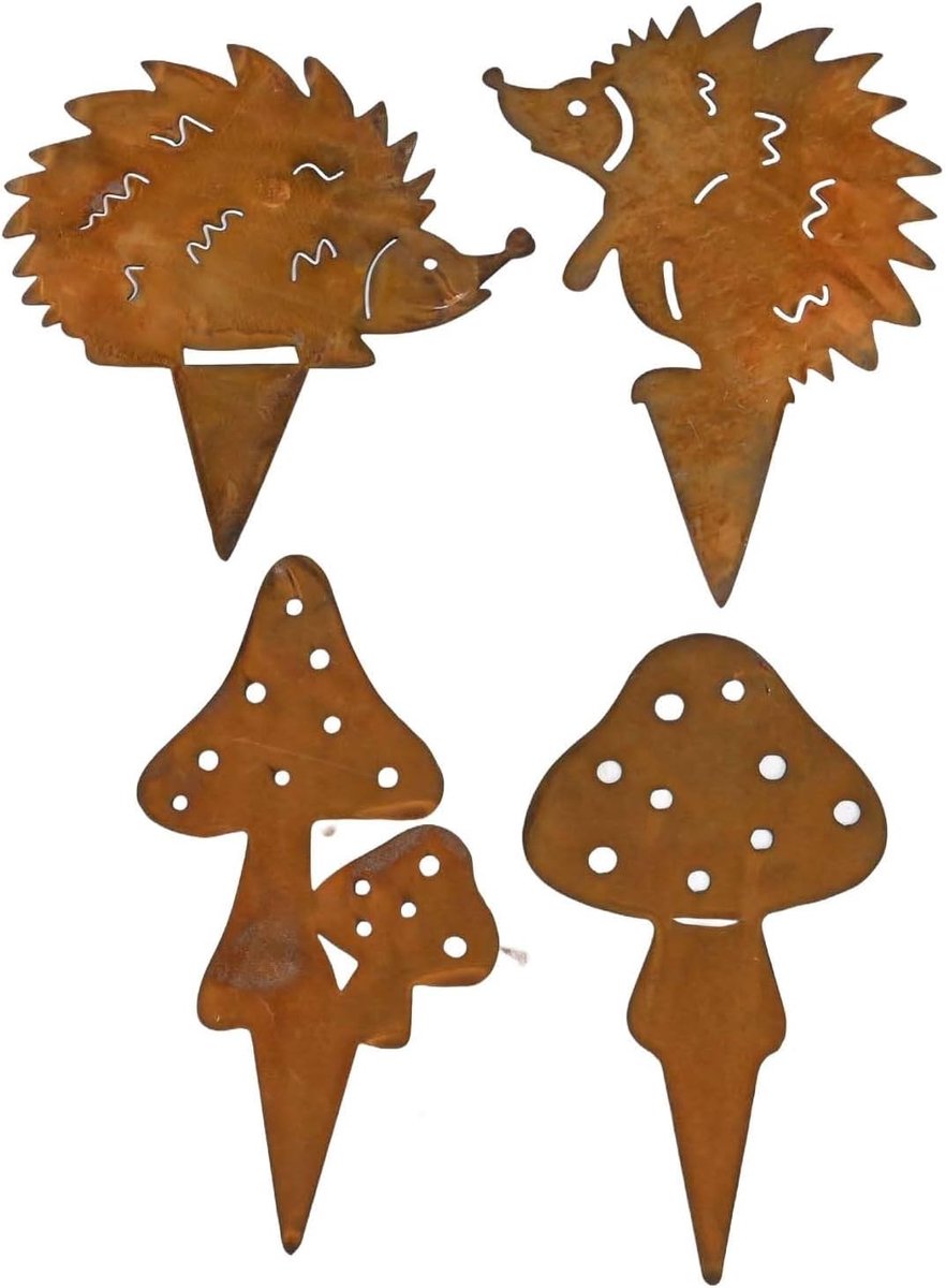 Tuindecoratie Set - Egels en Paddenstoelen - Buiten Verfraaien - Roestige Metaal Constructie - 16 cm Hoog - Roestbruin