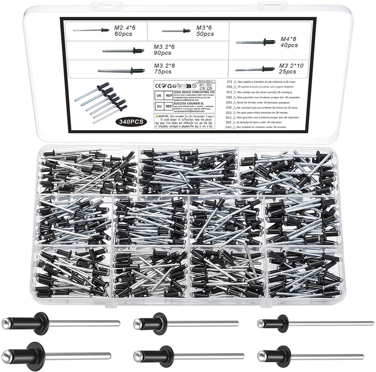 Dailygoods - 340 stuks aluminium blindklinknagels set, popklinknagels set, pop klinknagels assortiment, alu blindklinknagels assortiment set voor metaal hout kunststof (zwart, M2.4 M3 M3.2 M4)