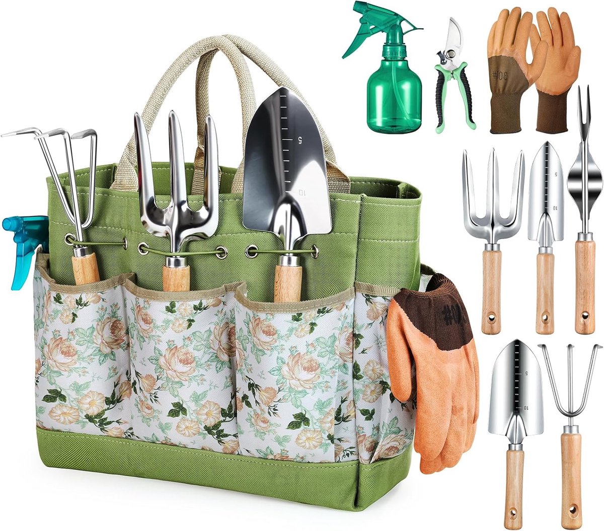 Tuingereedschap Set 9-delig – Compleet Tuingereedschap met Snoeischaar, Onkruidsteker en Opbergtas – RVS Tuinset voor Tuinonderhoud