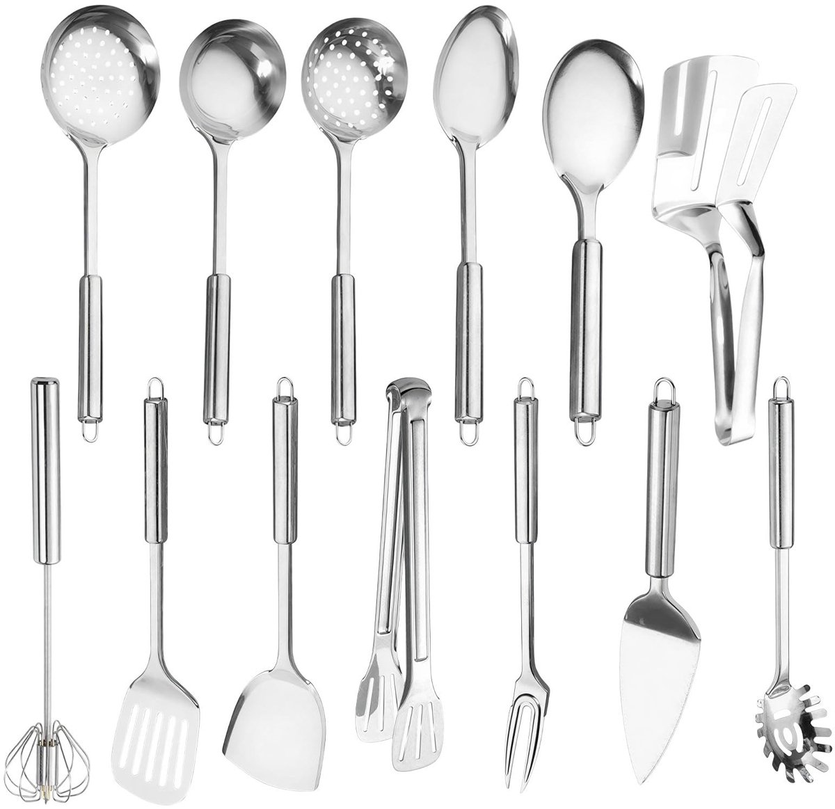Dailygoods- Keukengerei Set van 13 Stuks - Roestvrij Stalen Keukengerei - Titanium Zilveren Coating - Vaatwasserbestendig - Multifunctioneel Keukengereedschap - Inclusief Spatel/Pollepel/Zeef - Keukenhulpmiddelen