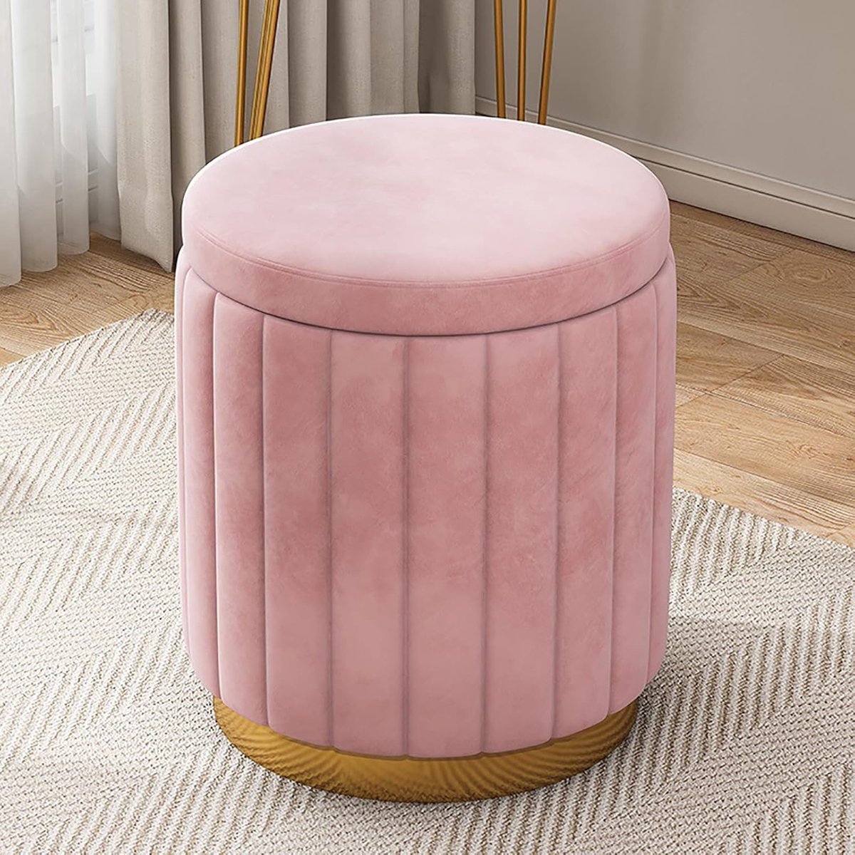 Fluwelen Ottomaanse Kruk - Voetenbank Poef - Extra Zitplaats - Met Opbergruimte - 34x34x44 cm - Roze