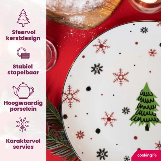 Wit bord met kerstboom, sneeuwvlokken in rood, zwart en groene rand. Tekst: Sfeervol kerstdesign.