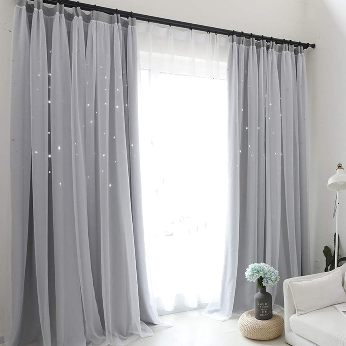 Verduisterende Gordijnen - Dubbellaags Voile - Slaapkamer Decoratie - Opengewerkte Sterren - 150x250 cm - Grijs