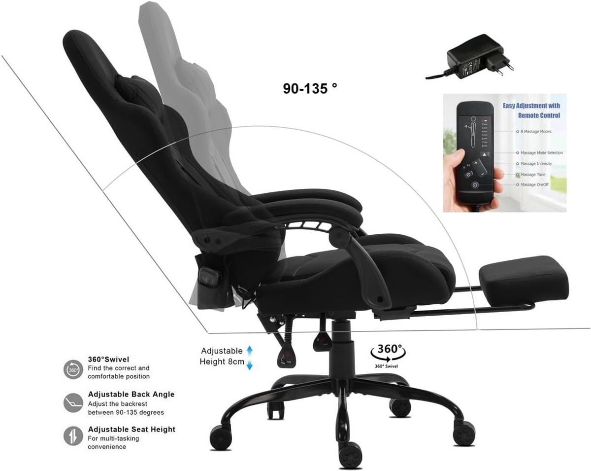 Comfortabele Stoel - Directeursstoel Stoffen - Thuiswerken Ontspannen - Ingebouwde Massagefunctie - 150 kg Belastbaar - Zwart thumbnail 3
