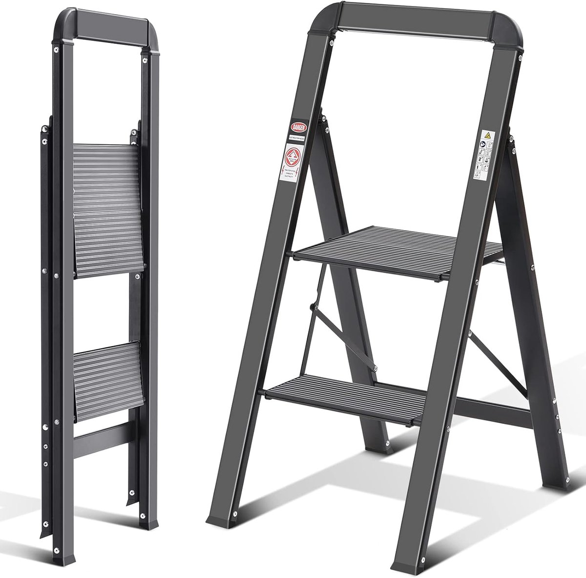 Opvouwbare Trapladder - Huishoudladder Opstapje - Snel Taken Uitvoeren - Met Leuning - 2 Treden - Zwart