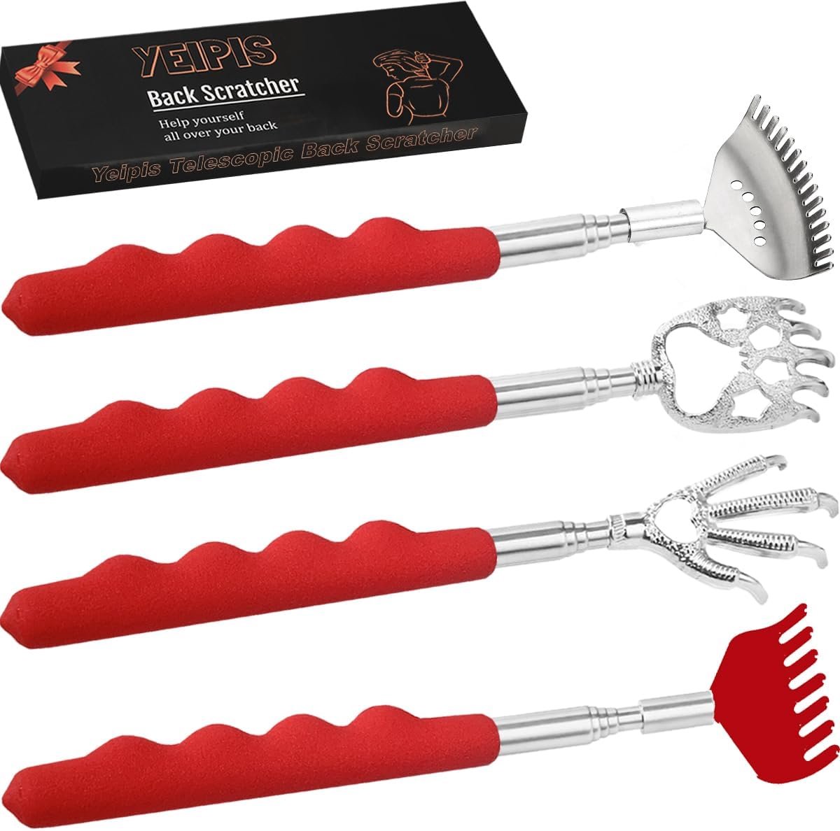Rugkrabber Set - Massageapparaat Uitschuifbaar - Verlicht Jeuk - Vier Verschillende Klauwen - Tot 68 cm Uitschuifbaar - Rood