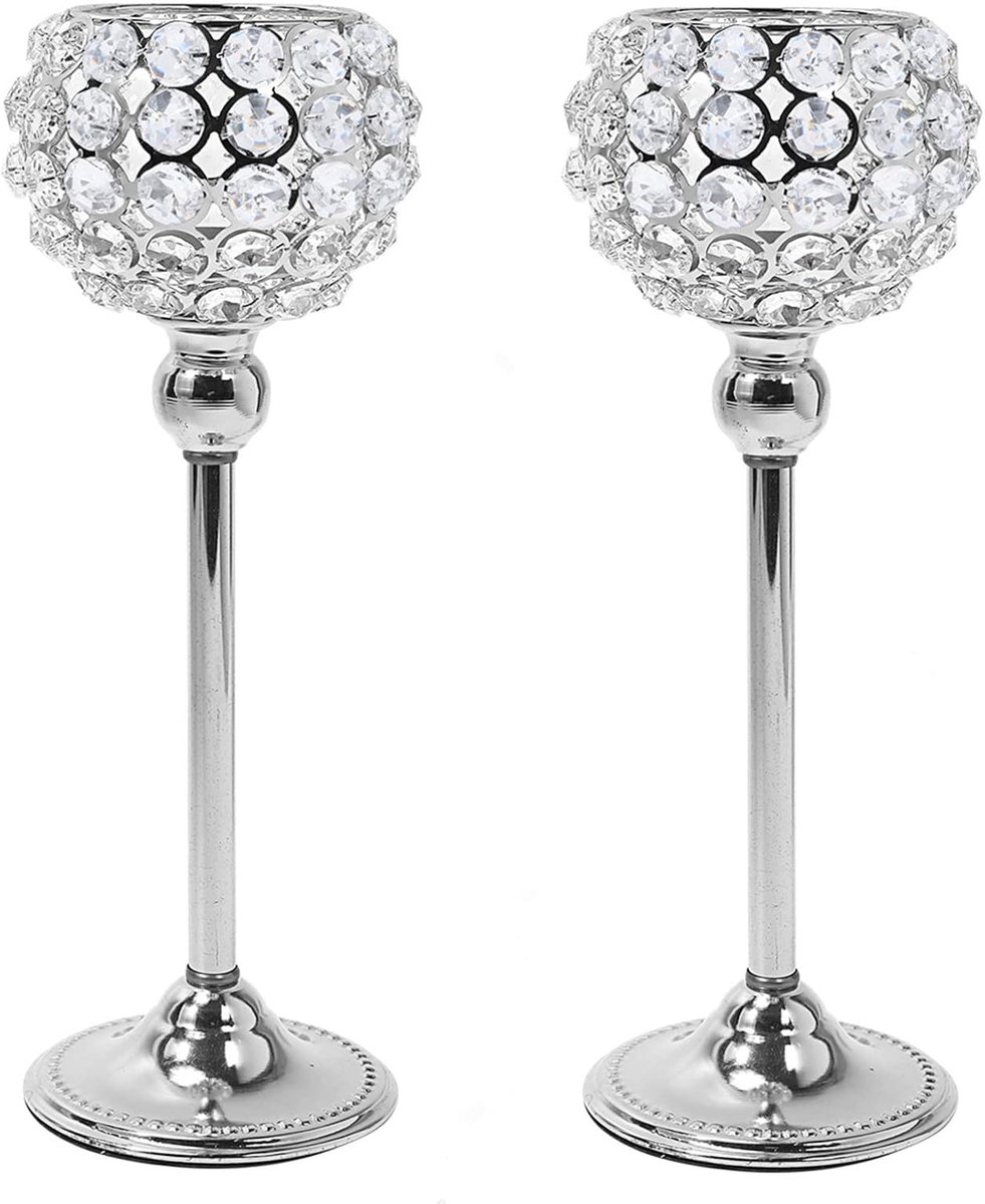 Kristallen Kaarshouders Set - Tafeldecoratie Bruiloft - Romantische Sfeer Creëren - Stabiele Zware Voet - Set van 2 - Zilver