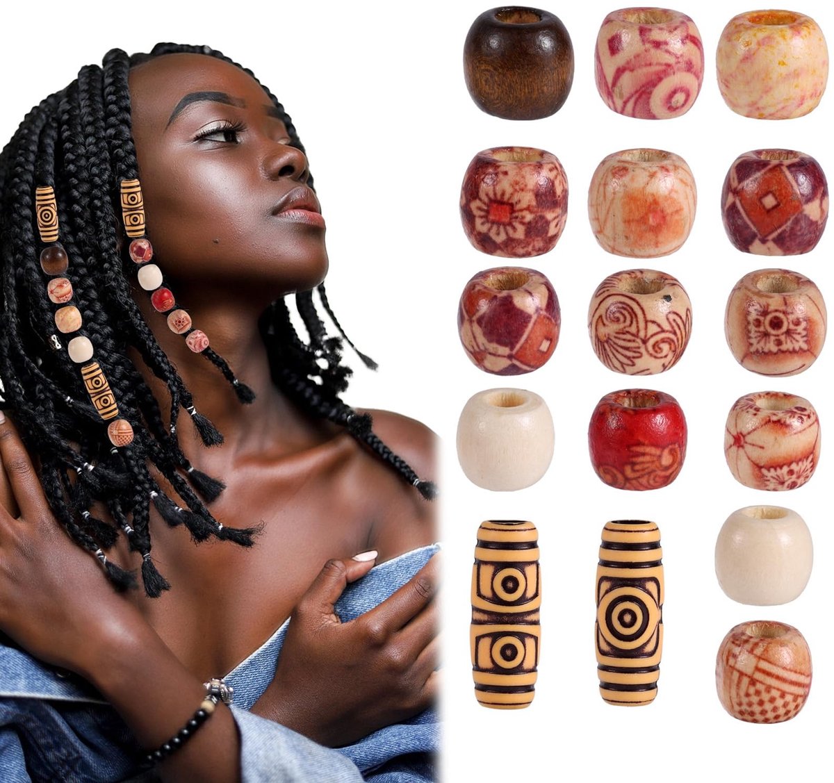 Dailygoods- Haarkralen 60 Stuks - Houten Kralen - Multi-Vorm Dreadlocks - Retro Vlechtkralen - DIY Haaraccessoires - Veelkleurig Materiaal