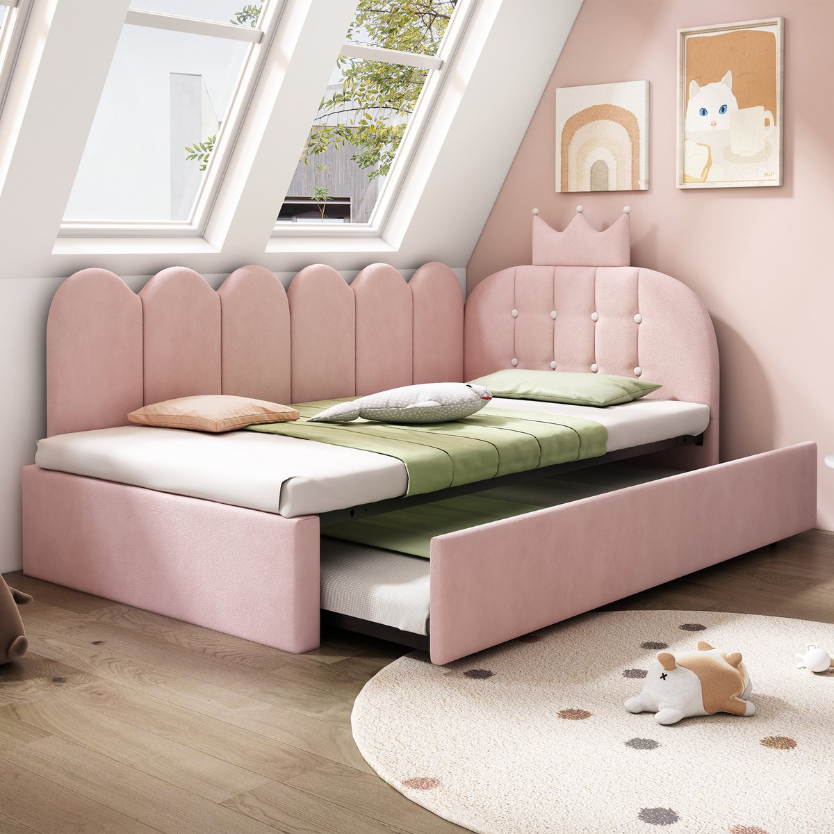 MEUNIQ slaapbank 90x200 cm met uitschuifbed 90x190 cm, L-vormig eenpersoonsbed met kroon- en spijldesign, fluwelen bekleding, wielen en lattenbodem voor kinderkamer, roze