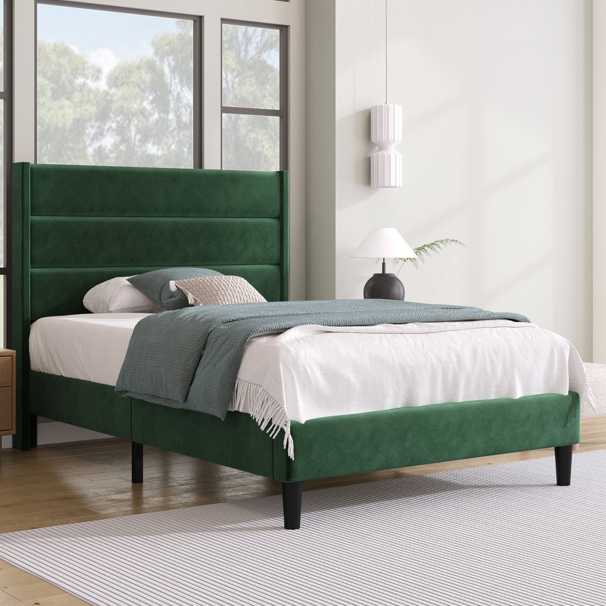 MEUNIQ gestoffeerd bed 90 x 200 cm met lattenbodem en gevoerd hoofdbord, fluwelen bedframe in donkergroen, eenpersoonsbed voor slaapkamer met 16 cm bodemvrijheid
