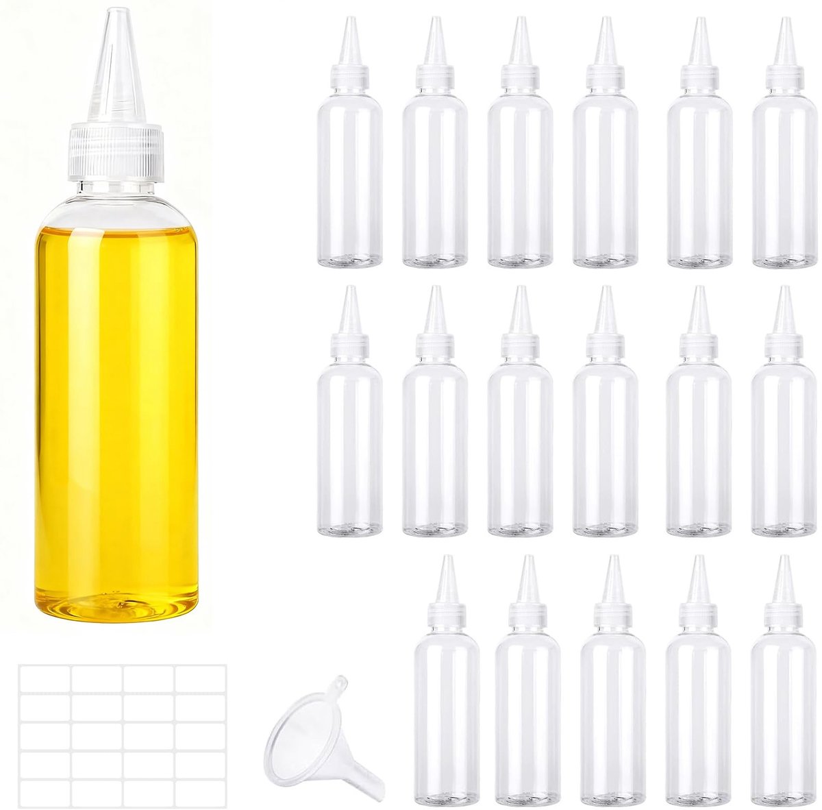 Dailygoods- Knijpflessen 18 stuks - Kunststof 50ml - Herbruikbare Flessen - Trechter en Etiketten - Voor Ketchup/Sauzen - Ideaal voor Reizen - Flesjes