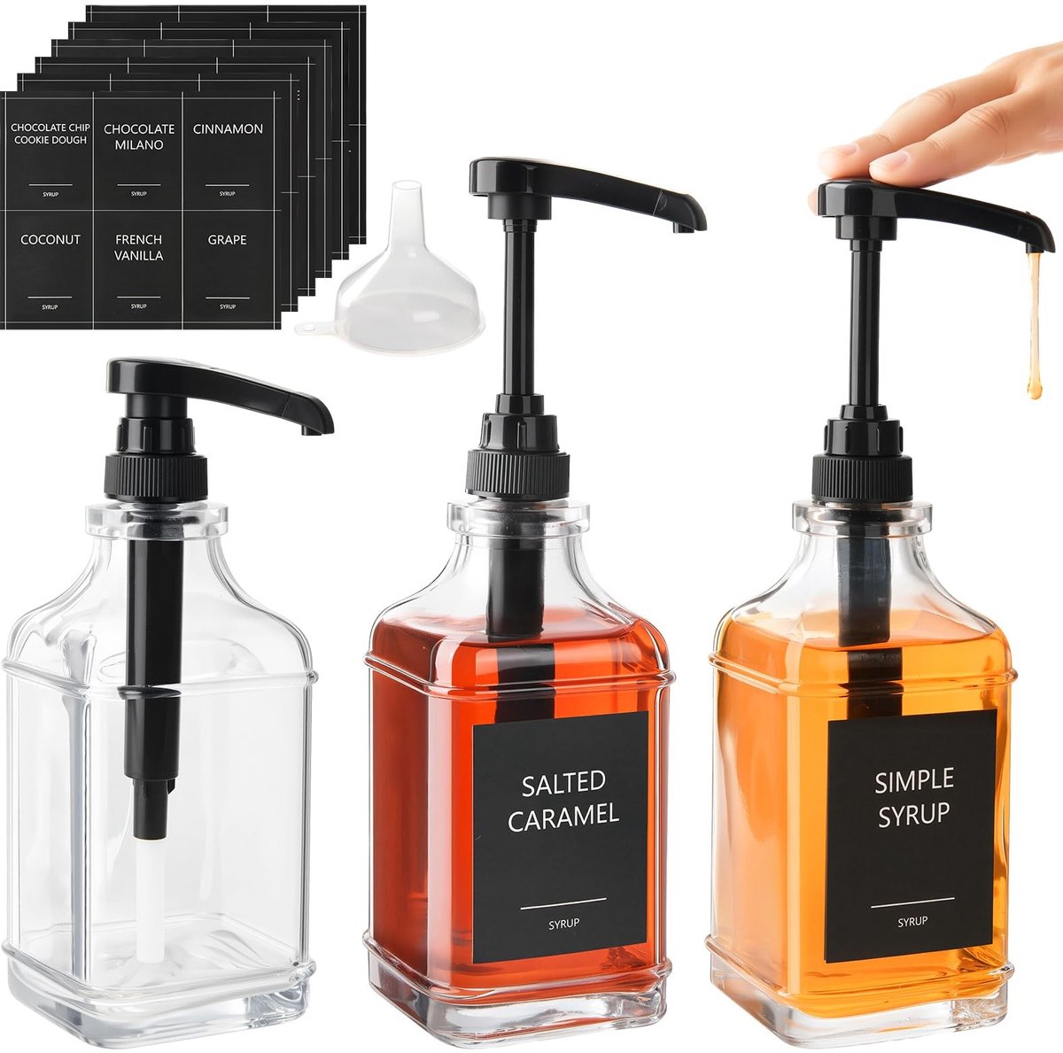 Dailygoods- Siroopdispenser Set van 3 - Glazen Flessen 500 ml - Lekvrije Pompdispensers - Waterdichte Etiketten - Duurzaam - Vaatwasmachinebestendig - Siroopfles
