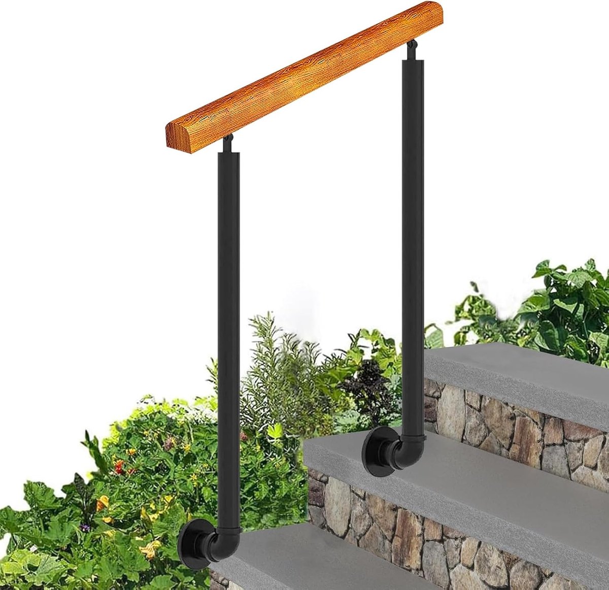 Tuingreep Buitenleuning - Veranda Steunstang - Veilig Traplopen - Massief Hout Metaal - 85 cm Hoog - Naturel Zwart