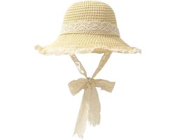 Dailygoods - Strandhoed voor dames met kant, lichte opvouwbare strohoed met grote rand, uv-bescherming en verstelbare kinband voor strandvakantie, strandbruiloft, tuinfeest, vakantiereizen, outdoor