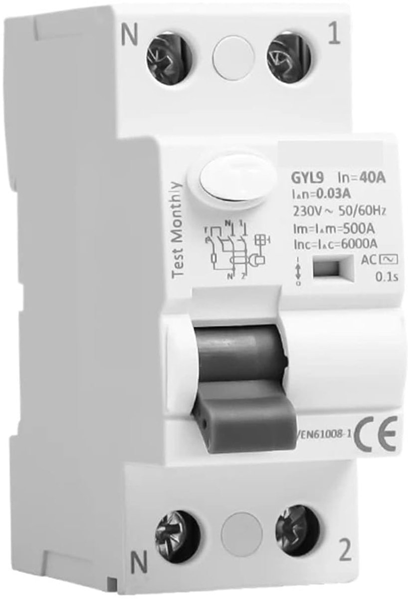 Aardlekschakelaar - Stroomonderbreker - Veilig Stroom Gebruik - Twee Polig - 2P 40A - Grijs
