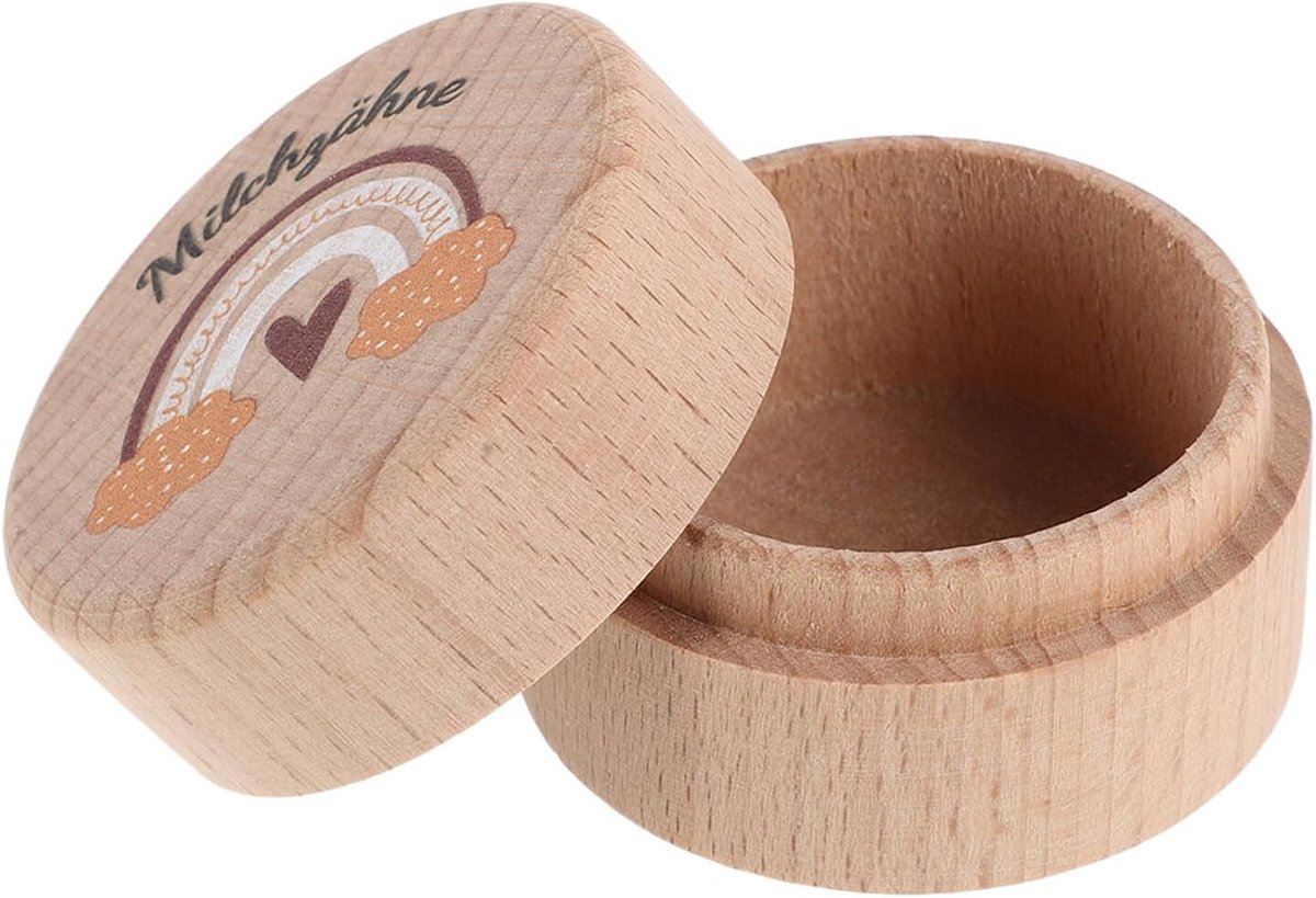 Houten Tanden Doos - Mementobox Baby - Melktanden Bewaren - Cartoon Ontwerp - 5 x 5 x 3.5 cm - Beige
