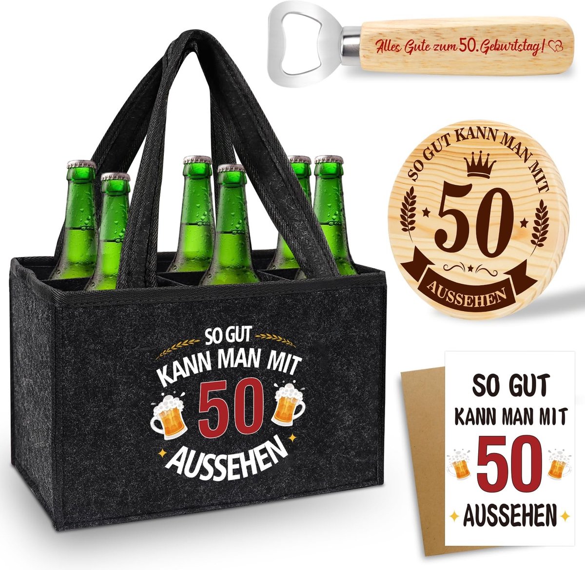 Dailygoods- Flessentas voor 6 flessen - Robuust vilt - Cadeauset met flesopener - Houten onderzetter - Biergeschenk voor mannen - Grappig ontwerp - Bierhandtas
