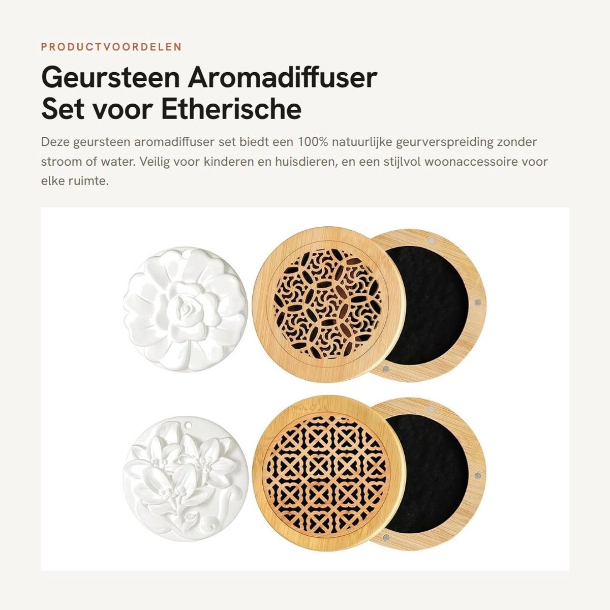 Dailygoods- Geursteen 100% Natuurlijk - Geursteen voor Etherische Oliën - Aromadiffuser - Houten Wierookkist - Set van 4 - Stijlvol Woonaccessoire