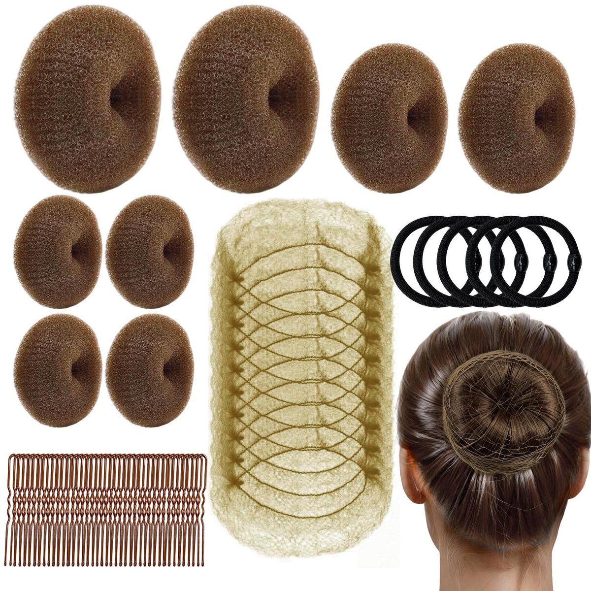 Dailygoods- Haar Donut Set 63-delig - Knotmaker - Schuifspelden - Elastiekjes - Lichtgewicht - Duurzaam Nylon/Metaal