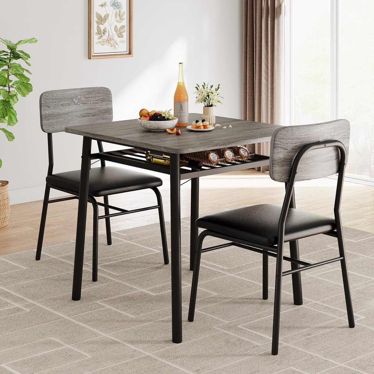 Eettafel Set 3-delig - 70x70x75cm - Keukentafel met Opbergrek - Compact Ruimtebesparend voor 2 Personen - Eettafel voor Kleine Ruimtes Appartement Keuken - Grijs