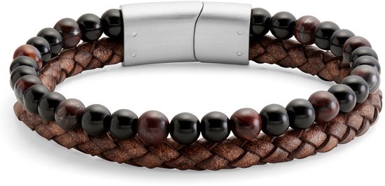 Armband met bruine en zwarte kralen, gevlochten bruin leer en een metalen magnetische sluiting.