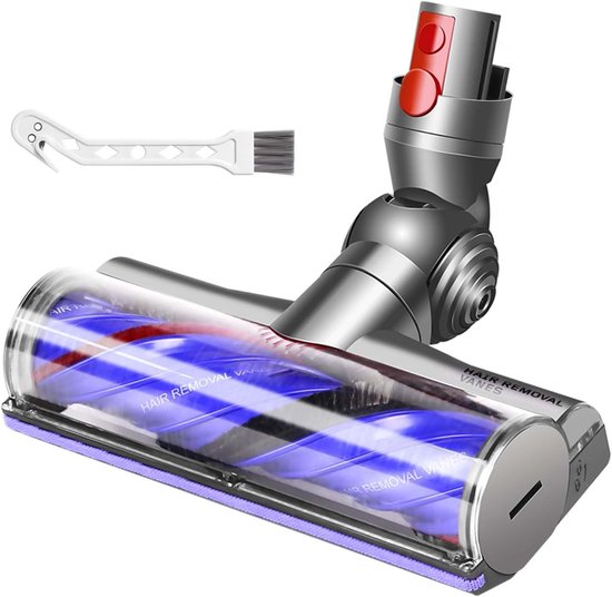 Dyson stofzuigerborstelkop met een opzetborsteltje, met blauwe en rode haren in de transparante rol.