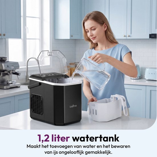 LOEFME Ijsblokjesmachine - Ijsblokjesmaker met IJsschep & IJsmand - 1,2L - 12kg/24u - 6 min - Zelfreinigingsfunctie - Zwart — afbeelding 2