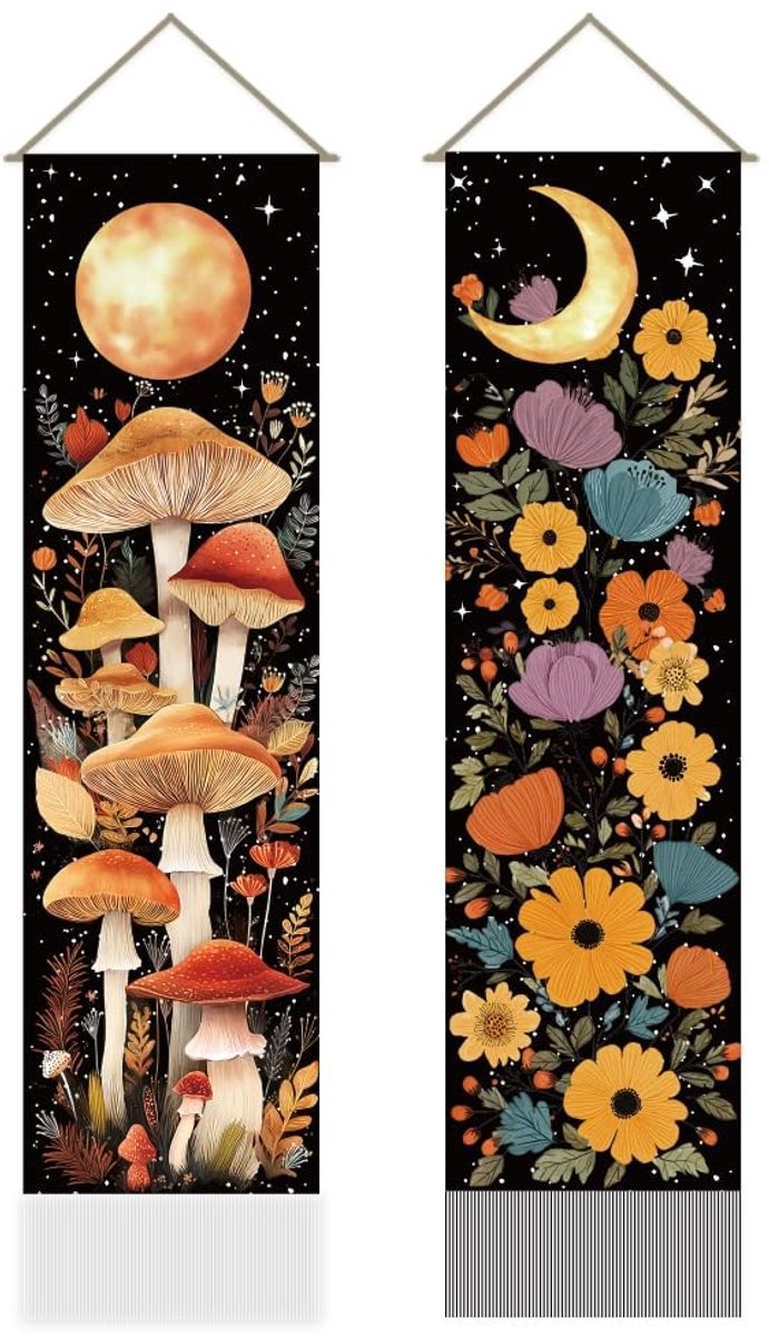 Dailygoods- Wandtapijt Mystieke Esthetiek - Maan/Zon - Paddestoel/Bloemen - Verticale Muurdecoratie - Kwastjes - 111 x 30 cm - Muurtapijt