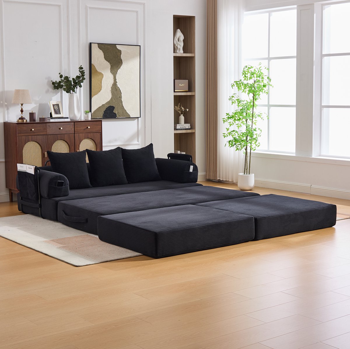 DESMIU Bank Set 200 x 190 x 67 cm - Modulair Met Hocker, Zijvak En 3 Kussens - Voor Woonkamer En Appartement - Corduroy Zwart