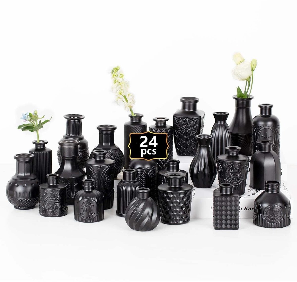 Dailygoods- Bloemenvazen Set van 24 - Vintage Flessen - Tafeldecoratie - Bruiloftsdecoratie - Matzwart - Unieke Textuurontwerpen - Decoratieve Vazen