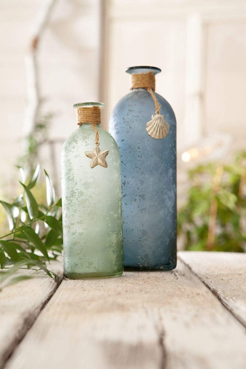 SnelShoppen - Decoratieve Vaas Maritiem Set van 2 - Glasvaas Ø 7 x 20 cm & Ø 8 x 26 cm - Gesatineerd Blauw Groen met Sisalkoord, Zeester en Schelp - M