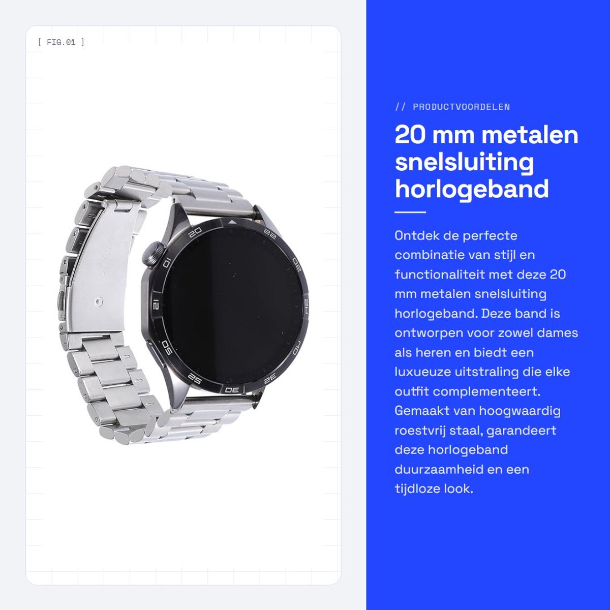 Dailygoods- Snelsluiting Horlogeband - 20 mm - Roestvrij Staal - Zilverkleurig - Geschikt voor Dames/Heren - Duurzaam Ontwerp