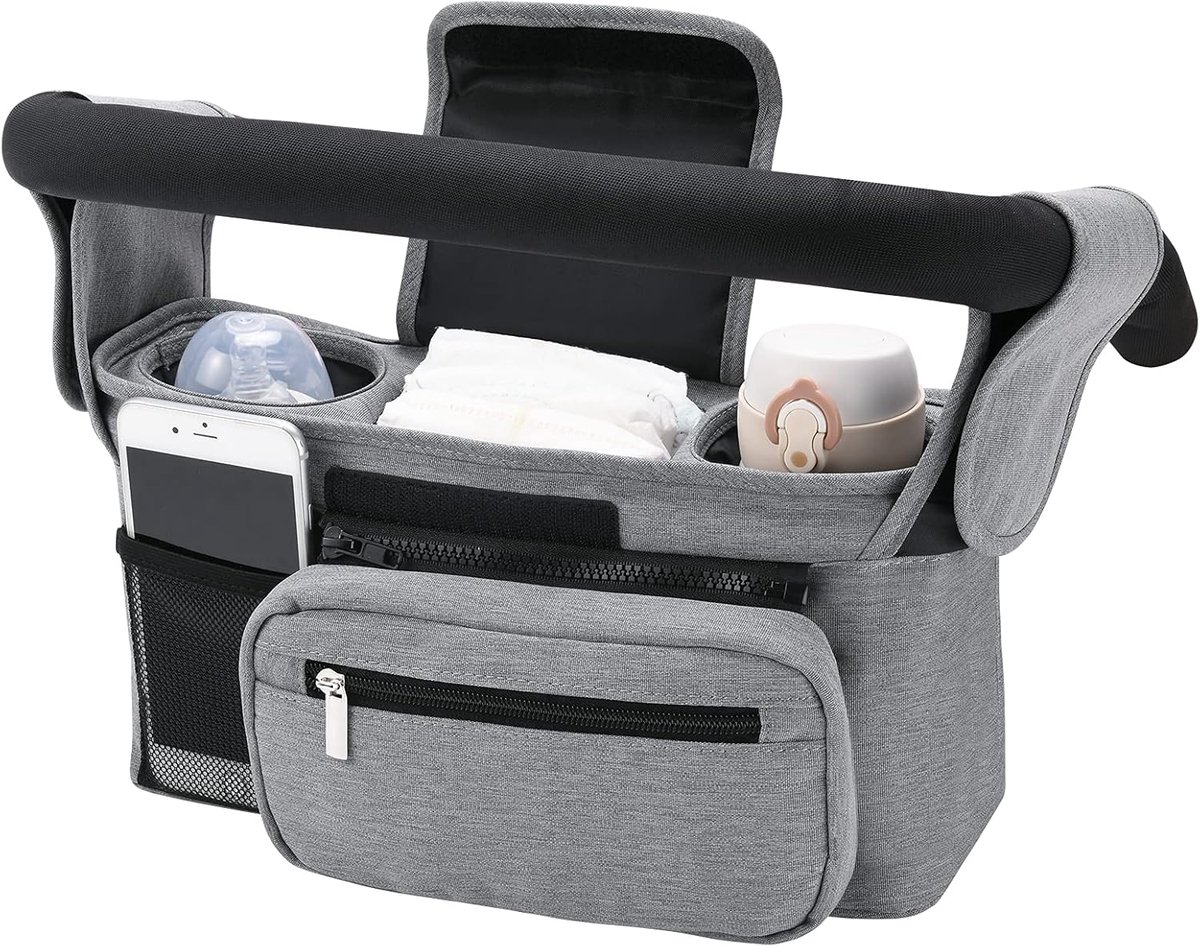 Thijox - Organizer voor Kinderwagen en Buggy, Universele Opbergtas met 2 Bekerhouders, Geïsoleerde Flessenhouder, Grote Capaciteit, Vak voor Telefoon