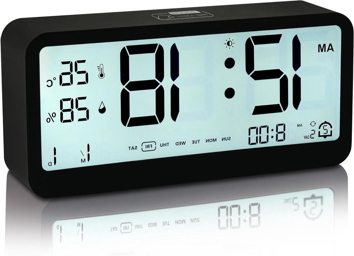 Digitale Wekker - Nachtkastklok - Wakker Worden - Groot LCD Scherm - 13.7 cm - Zwart