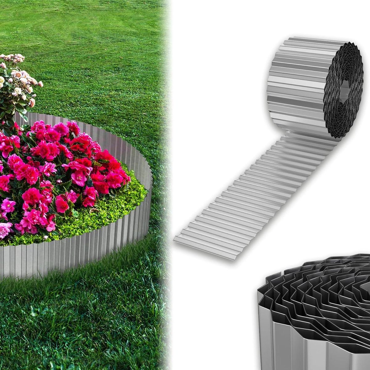 Grasrand Metaal - Bloembed Begrenzing - Tuin Afbakening - Wortelblokkering - 10 Meter - Zilver
