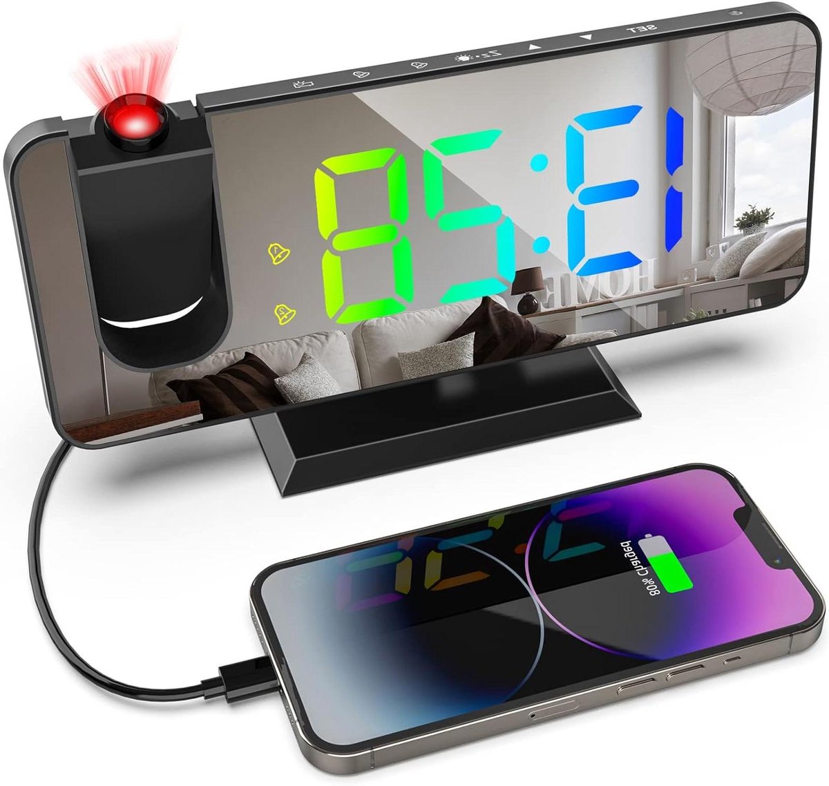 Projectie Wekker - Digitale Klok - Wakker Worden - 180° Draaibare Projectie - 7.5 Inch Display - RGB Kleuren