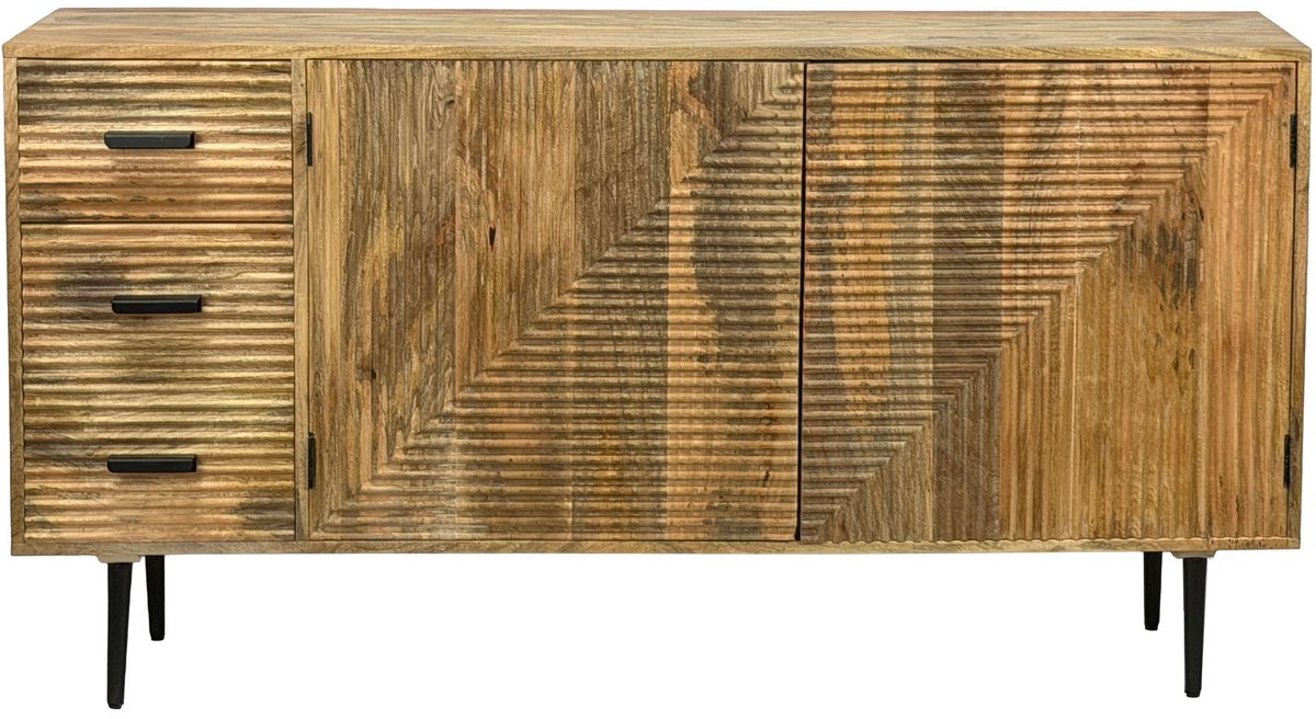 Ervesto Dressoir Mango Massiefhout 160 cm - Opbergkast - Buffetkast - Industrieel Design - Warm Lichtbruin Met Zwarte Poten - Handgemaakt Met 2 Deuren En 3 Lades