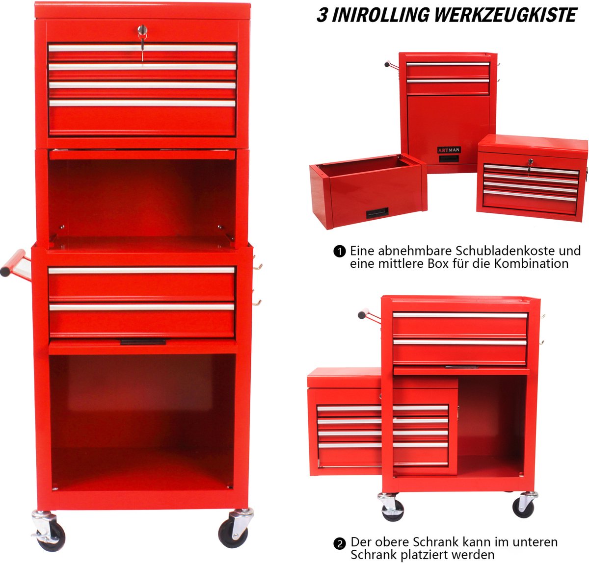 MIVRAY Gereedschapskar - Afneembare Gereedschapskast Met 6 Lades En Wielen - Afsluitbaar Voor Garage En Werkplaats - Staal - Rood