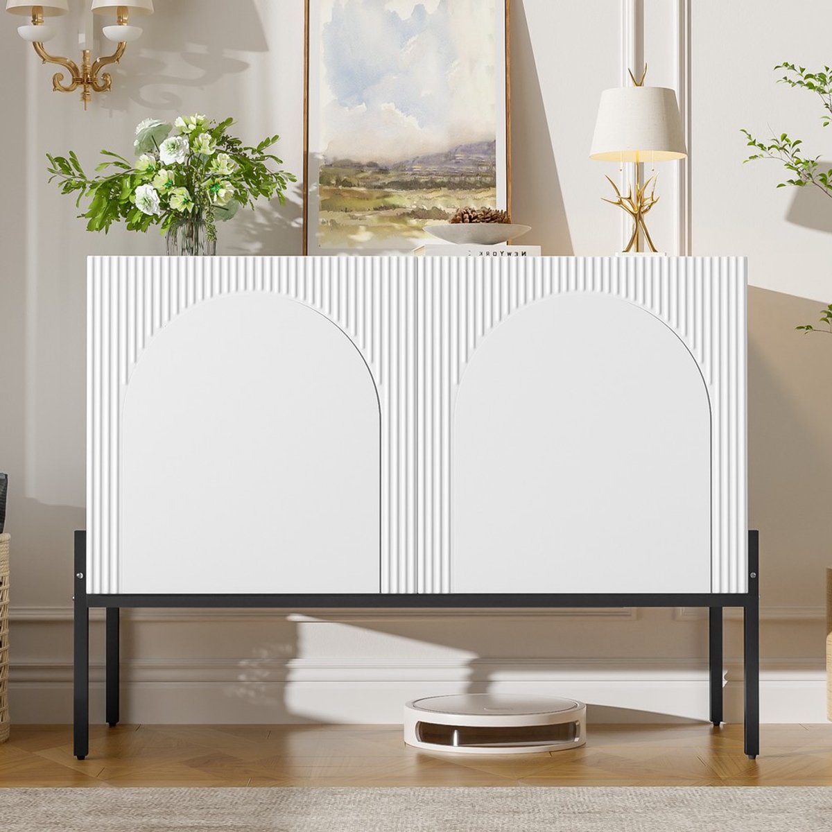 KOMHTOM Dressoir - 2 Deuren - Metalen Poten - Commode - Modern Design - Wit - 100x75x40 cm - Woonkamer Sideboard