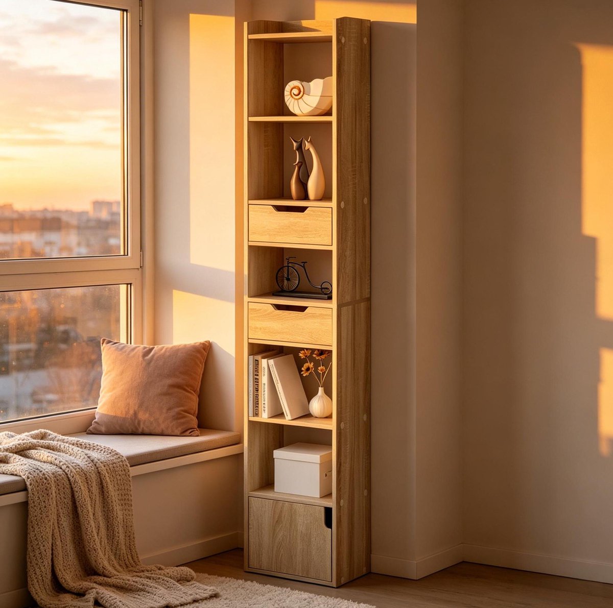 HAUSS SPOLE Boekenkast - Smalle Opbergkast Met 6 Open Vakken, 2 Lades En Deur - Voor Woonkamer En Kantoor - Hout - 33x24x181 Cm - Licht Eiken