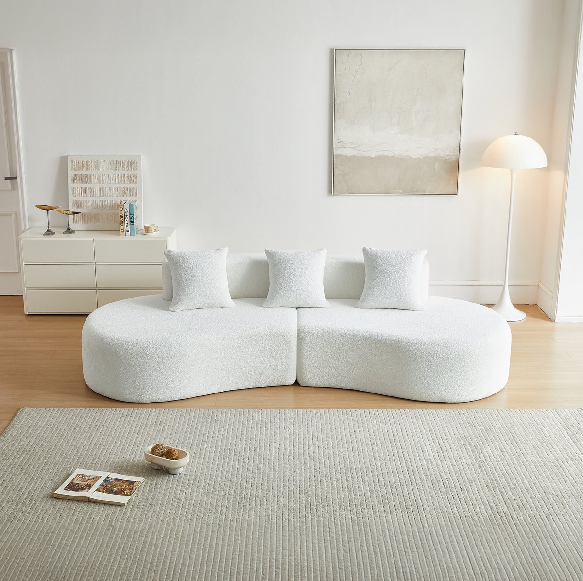 FloraGrace Hoekbank 3-Zits - Gebogen Ontwerp Van Fluweel - Voor Woonkamer En Appartement - Wit - Comfortabel, Compact En Met 3 Kussens