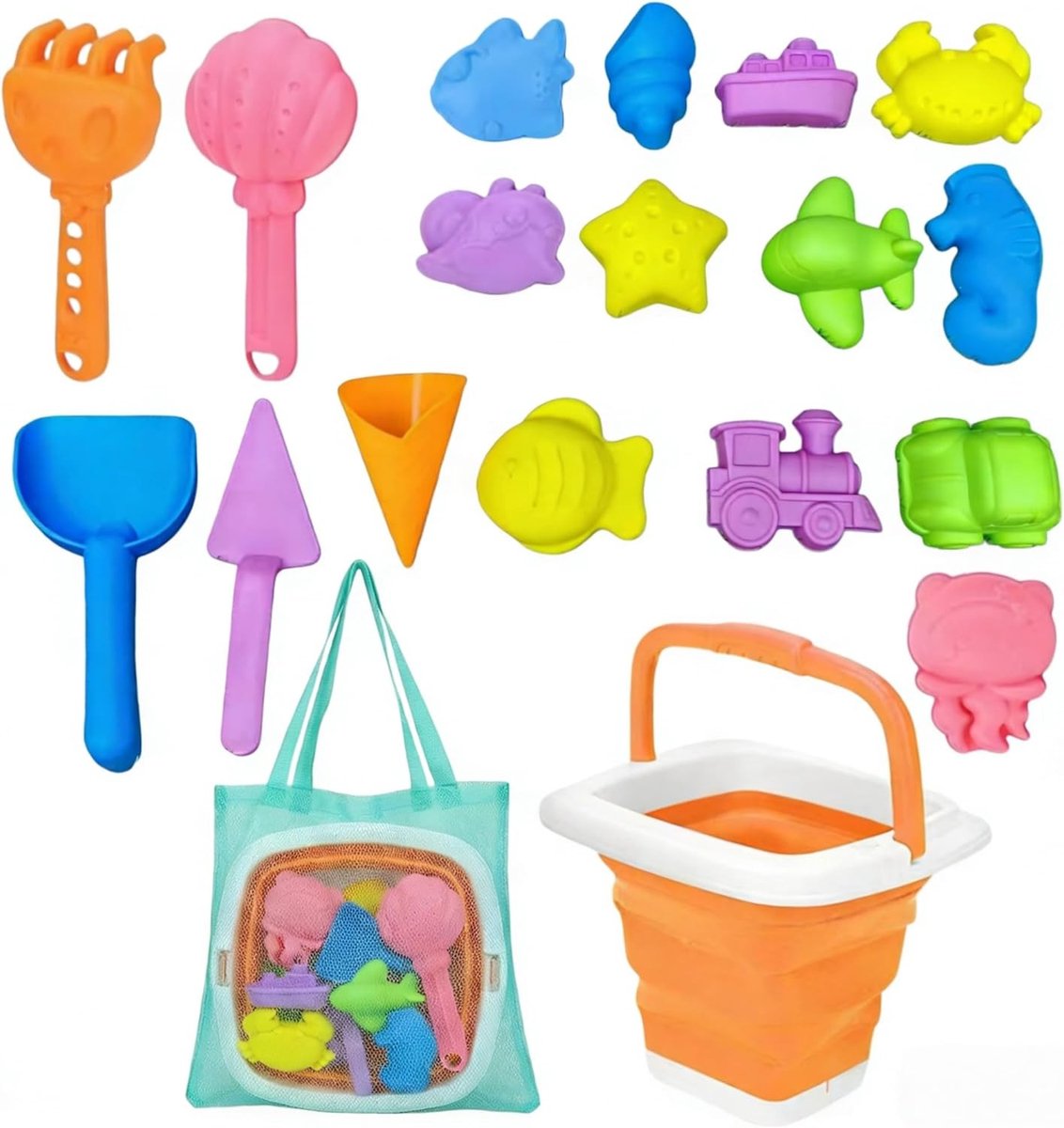 Complete zand speelgoed set met 19 onderdelen, opvouwbare emmer, schep en netvak voor strand, tuin en reizen, perfect cadeau voor kinderen vanaf 3 jaar