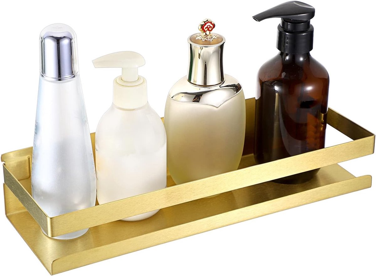 Hoekige Badkamer Organizer - Wandgemonteerde Rvs Opbergrek voor Douche, Keuken en Hotel - 30 cm, Goudkleurig, Ruimtebesparend en Stijlvol