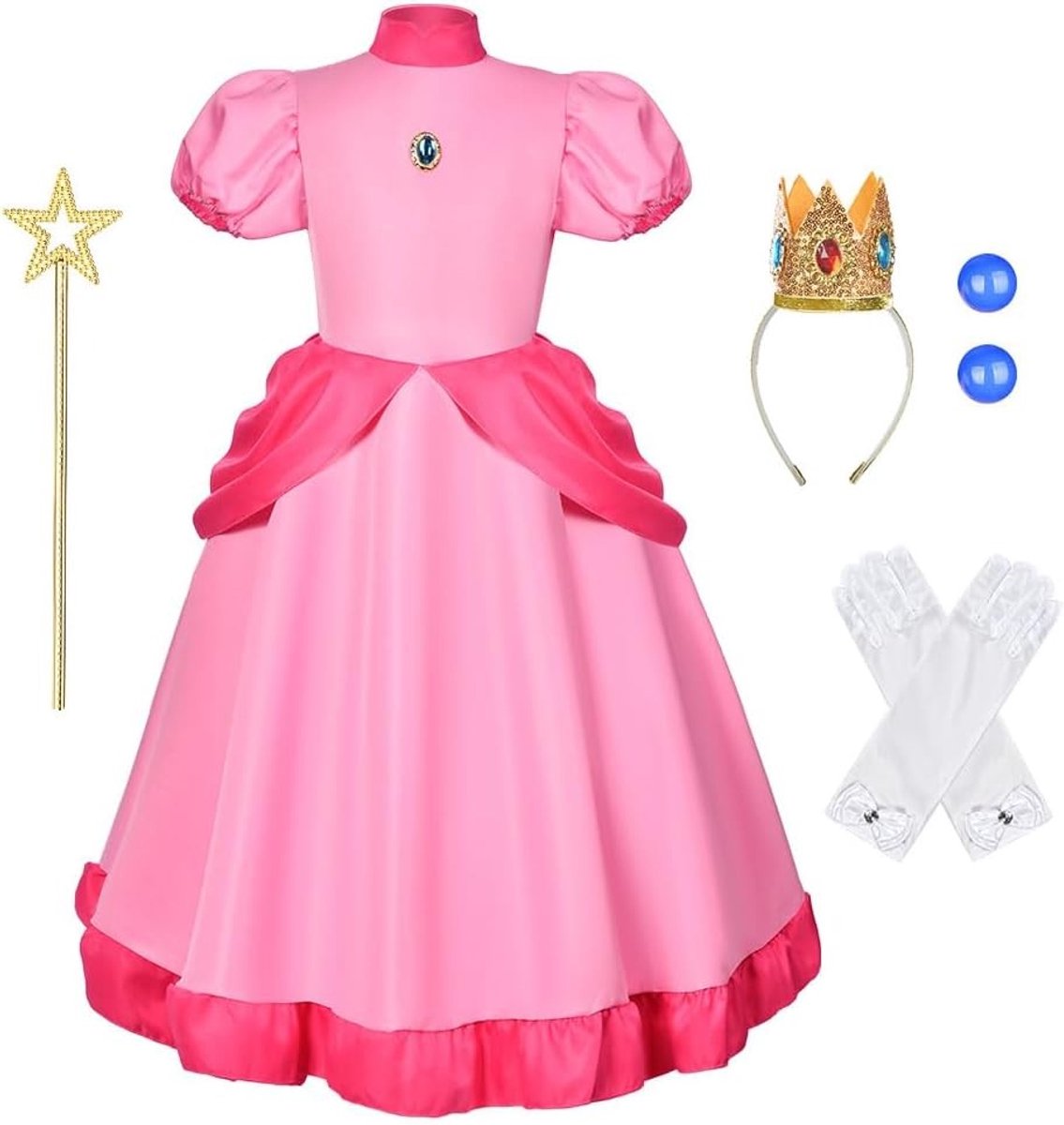 Prachtige Roze Prinsessenoutfit voor Meisjes, 5-delig Kostuum met Handschoenen, Kroon, Broche en Scepter voor Cosplay en Feestjes