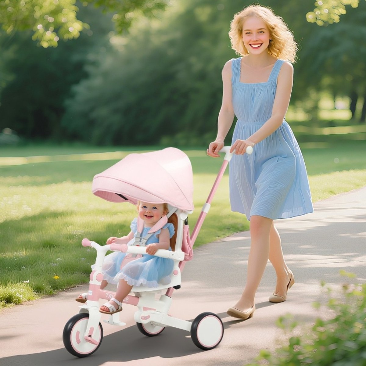 MEUNIQ Kinderdriewieler buggy 5-in-1 met verstelbare duwstang, veiligheidsriem, zonnekap, voetsteunen en opbergtas, inklapbaar, 1-3 jaar, roze