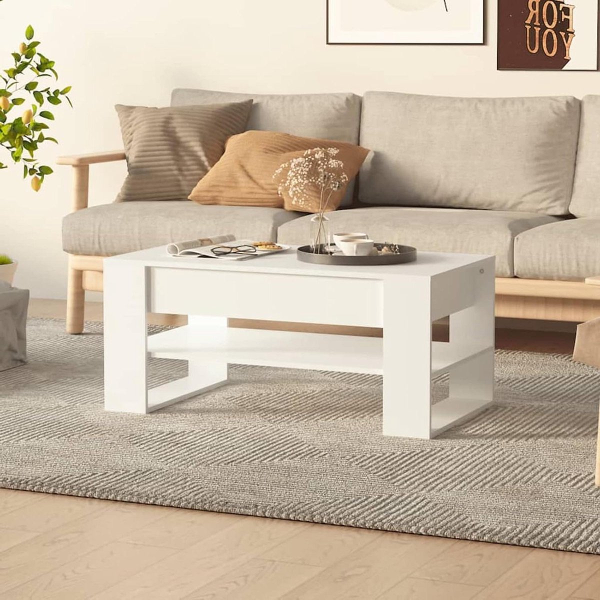 Salontafel met Plank - Bijzettafel Woonkamer - Woonkamer Decoratie - Ruime Opbergruimte - 102 x 55 cm - Wit