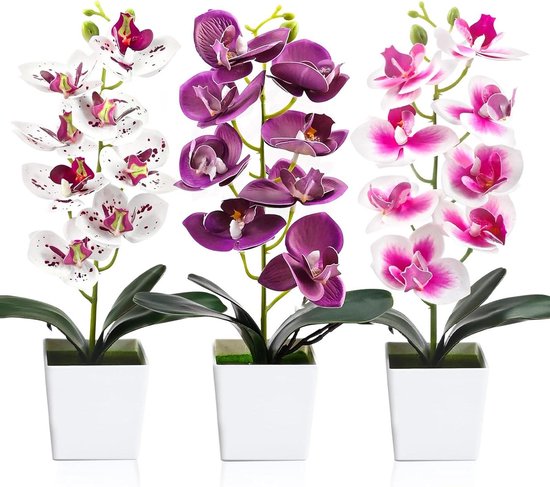Kunstorchideeën Set - Kunstbloemen Pot - Woonkamer Decoratie - Levensechte Details - 30 cm Hoog - Wit Roze
